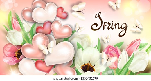 Tulips on background with butterflies and hearts. Spring discounts, sale, greeting card, banner, for the holidays: March 8, women's day, poster for spring, birthday, wedding, love