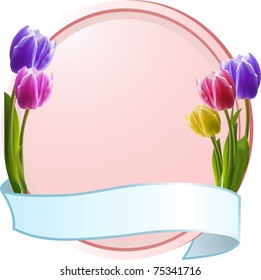 Tulips on a bink border with blue banner