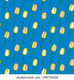tulips on blue background seamless vector pattern