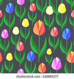 Tulips on a dark background. Seamless pattern, colorful spring vector illustration.