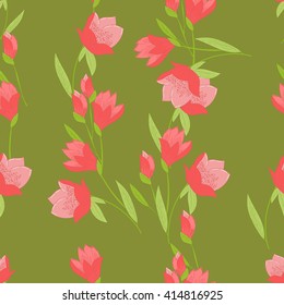 Tulips on green background seamless pattern.