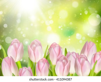 Tulips on green background with space for message. Mother s Day background. Soft focus. EPS 10 vector file included