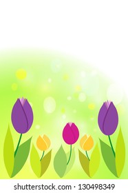 Tulips on green bokeh. Spring background. Vector EPS10.