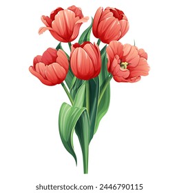 Tulips on an isolated background. A bouquet of spring  red flowers for the decoration of cards, banners, posters, invitations, etc.