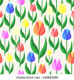 Tulips on a light background. Seamless pattern, colorful spring vector illustration.