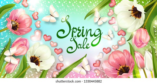 Tulips on a spring background with butterflies. Discounts, sale, greeting card, banner, suitable for holidays: March 8, women's day, poster for spring, birthday, wedding