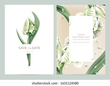 Tulips on a white and pink background. Wedding invitation card in the botanical style. Vector template for the invitation, shop, beauty salon, spa.