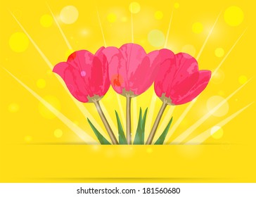 Tulips on yellow bokeh. Spring background. Vector EPS10.