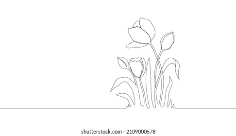 Tulips. One single line. Vector illustration. Doodle floral border