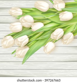 Tulips over wooden table background. EPS 10 vector file included