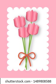 tulips in paper cut style  for spring sale banner , spring background ,  postcards,posters, coupons, promotional material. 