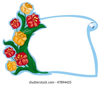 Tulips with paper scroll. Copy space available
