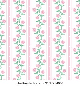 Tulips pattern. Cute flower seamless background vector. Pink floral wallpaper. Endless texture for print fabric, pottery, batik, tile and paper. Lace borders.