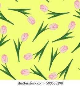 Tulips pattern. Floral pink tulips seamless pattern on yellow background. Vector illustration.
