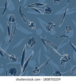tulips pattern seamless dark with outline and hand drawn flowers silhouettes