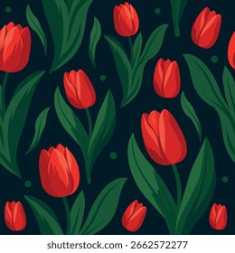 Tulips pattern. Seamless floral vector pattern with red tulips and green leaves on a dark background. Elegant spring design for fabric, stationery, holiday packaging, wallpaper