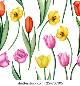 Tulips pattern. Watercolor. Vector illustration