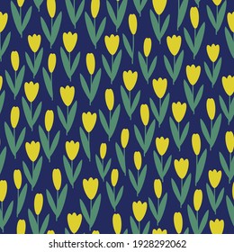 tulips pattern. yellow flowers. dark blue background. Seamless repeating vector pattern. weight-free print for textiles and wallpaper.