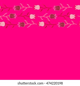 Tulips pink, red and magenta on a colored background. Vector illustration. Seamless background pattern. Hand drawn elements. Ditsy flowers.