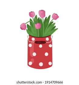 Tulips in a pot with polka dots. Gardening vector hand drawn illustration.