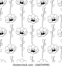 tulips with pussy willow seamless pattern on transparent background in black and white. Tulips  with pussy willow background for packing. Hand drawn illustration of tulips and pussy willow vector.