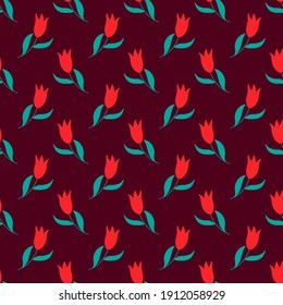 Tulips are red on a maroon background. Pattern for textiles, fabrics, backgrounds, packaging paper, ceramics.
