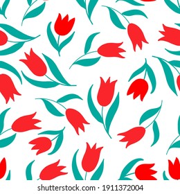 Tulips are red on a white background. Pattern for textiles, fabrics, backgrounds, packaging paper, ceramics, postcards.