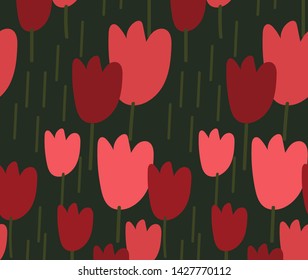 tulips red vector stylized modern seamless floral pattern