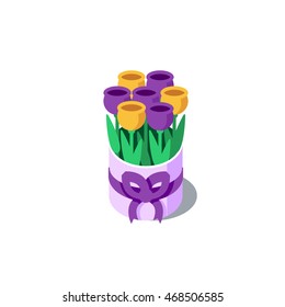 Tulips in round box, flowers for special event, elegant gift, floral services. Vector flat design