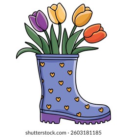 Tulips in rubber boot isolated vector illustration on white background
