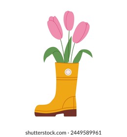 Tulipanes en bota de goma. Jardín de primavera. Ilustración vectorial plana aislada sobre fondo blanco.