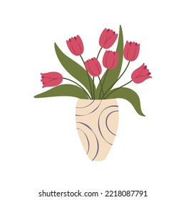 Tulips in scandinavian vase, cartoon interior flowers in jug. Vector pink color tulip elegant bouquet, flat decorative element, bunch of spring flowers