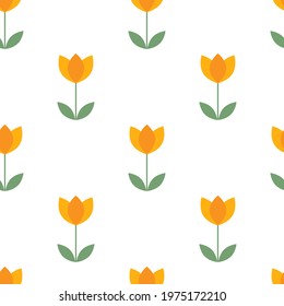 Tulips seamless flat pattern. Vector spring cover. Orange tulips on white background. For any graphic design of wrapping paper, material, covers, wallpaper, web, fabric, clothing, bags etc.