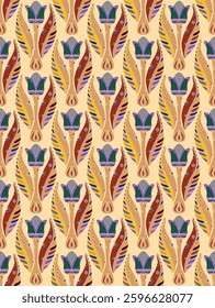 Tulips. Seamless floral pattern with stylized decorative flowers and leaves in folk art style. Vintage ornamental print inspired by traditional motifs.
