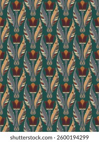 Tulips. Seamless floral pattern with stylized decorative flowers and leaves in folk art style. Vintage ornamental print inspired by traditional motifs