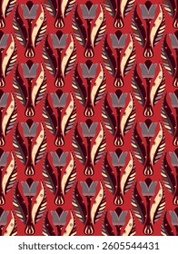 Tulips. Seamless floral pattern with stylized decorative flowers and leaves in folk art style. Vintage ornamental print inspired by traditional motifs. Perfect for textiles, wallpapers, and stationery
