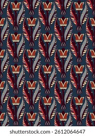 Tulips. Seamless floral pattern with stylized decorative flowers and leaves in folk art style. Vintage ornamental print inspired by traditional motifs. Perfect for textiles, wallpapers, and stationery