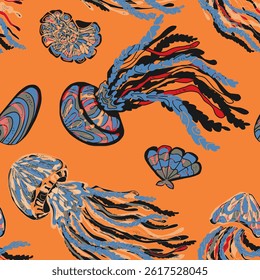 Tulips. Seamless floral pattern with stylized decorative flowers and leaves in folk art style. Vintage ornamental print inspired by traditional motifs. Perfect for textiles, wallpapers, and stationery