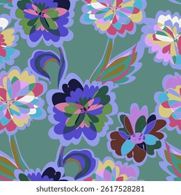 Tulips. Seamless floral pattern with stylized decorative flowers and leaves in folk art style. Vintage ornamental print inspired by traditional motifs. Perfect for textiles, wallpapers, and stationery