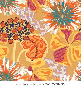 Tulips. Seamless floral pattern with stylized decorative flowers and leaves in folk art style. Vintage ornamental print inspired by traditional motifs. Perfect for textiles, wallpapers, and stationery