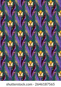 Tulips. Seamless floral pattern with stylized decorative flowers and leaves in folk art style. Vintage ornamental print inspired by traditional motifs. Perfect for textiles, wallpapers,and stationery