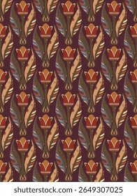 Tulips. Seamless floral pattern with stylized decorative flowers and leaves in folk art style. Vintage ornamental print inspired by traditional motifs. Perfect for textiles, wallpapers, and stationery