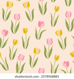 Tulips seamless pattern in block print style. Cute spring flowers repeat design. Pink and yellow tulps with leaves floral pattern.