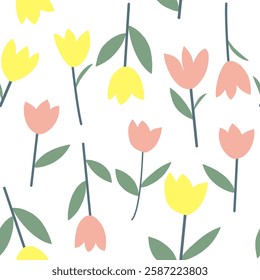 Tulips seamless pattern in block print style. Cute spring flowers repeat design. Pink and yellow tulips with leaves floral pattern