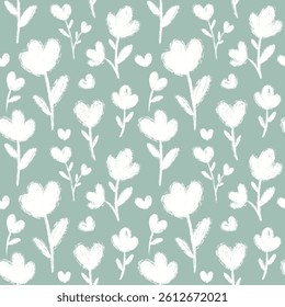 tulips seamless pattern with crayon texture. hand drawn white flowers pattern on green background. design for fabric, wallpaper, wrapping paper, and print	