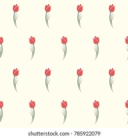 Tulips seamless pattern. Cute simple background with red tulips flowers.
