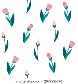 Tulips seamless pattern. Floral background. Texture for easter and spring design, greeting cards, fabrics, announcements, posters. Vector cartoon hand draw illustration.