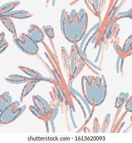 Tulips Seamless Pattern. Hand Sketched Illustration. Vector Background.