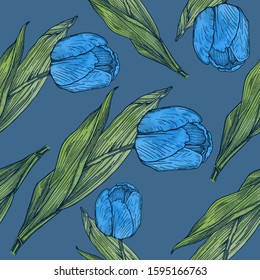 Tulips seamless pattern on blue background. Hand drawn black outline converted into a vector image and painted in a computer program. Beautiful tulips - symbol of love, spring, warmth and happiness.