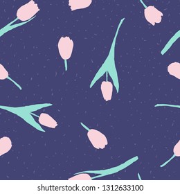 Tulips seamless pattern with pink and light blue colors. Hand drawn ink sketch  with spring flowers. Flat background in pale tender colors.
